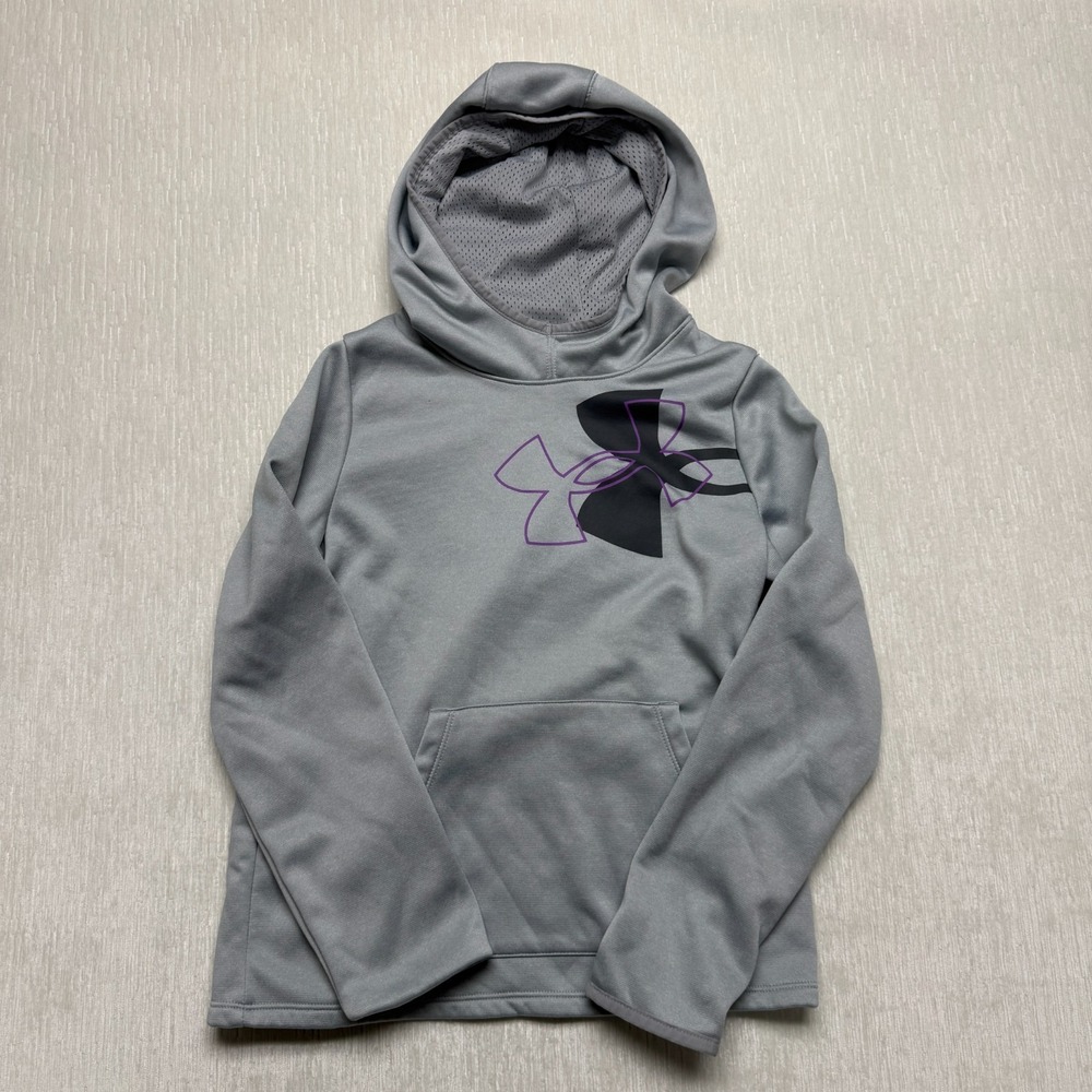 Under Armour Hoodie Girls Medium Gray Purple Graphic Logo Fleece Lined Loose Fit